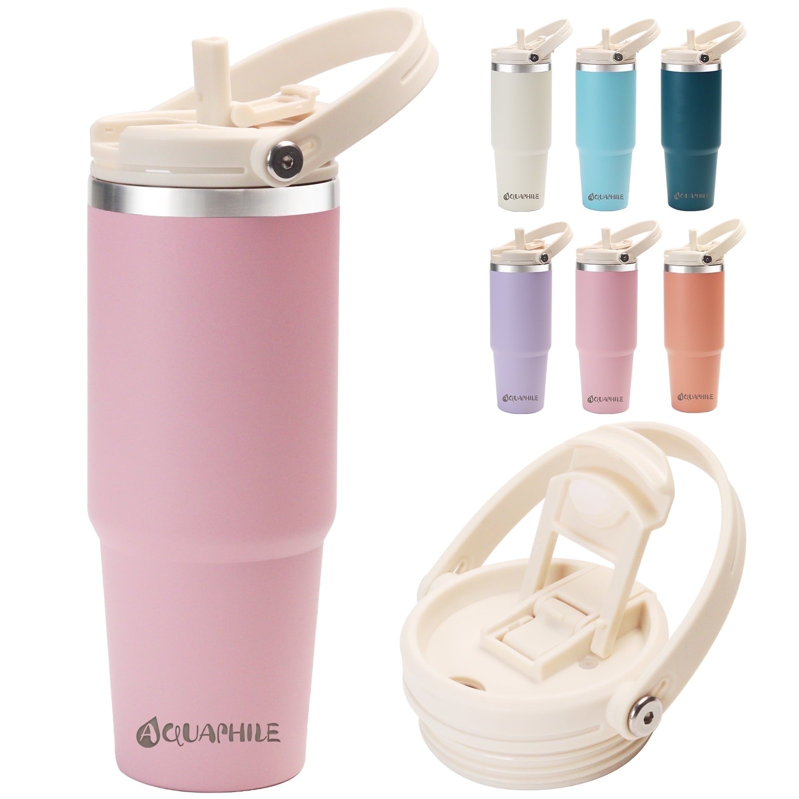 30 Oz Insulated Water Bottle with Straw Lid & Handle - Double Wall Vacuum Stainless Steel Tumbler Leakproof Travel Mug Pink