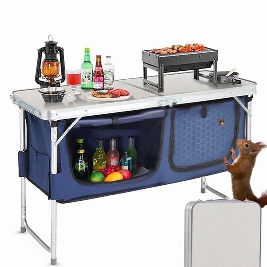 4 ft Folding Camping Kitchen Table Aluminum Frame MDF Top with Storage Organizer Adjustable Legs Portable Outdoor Cooking Table White