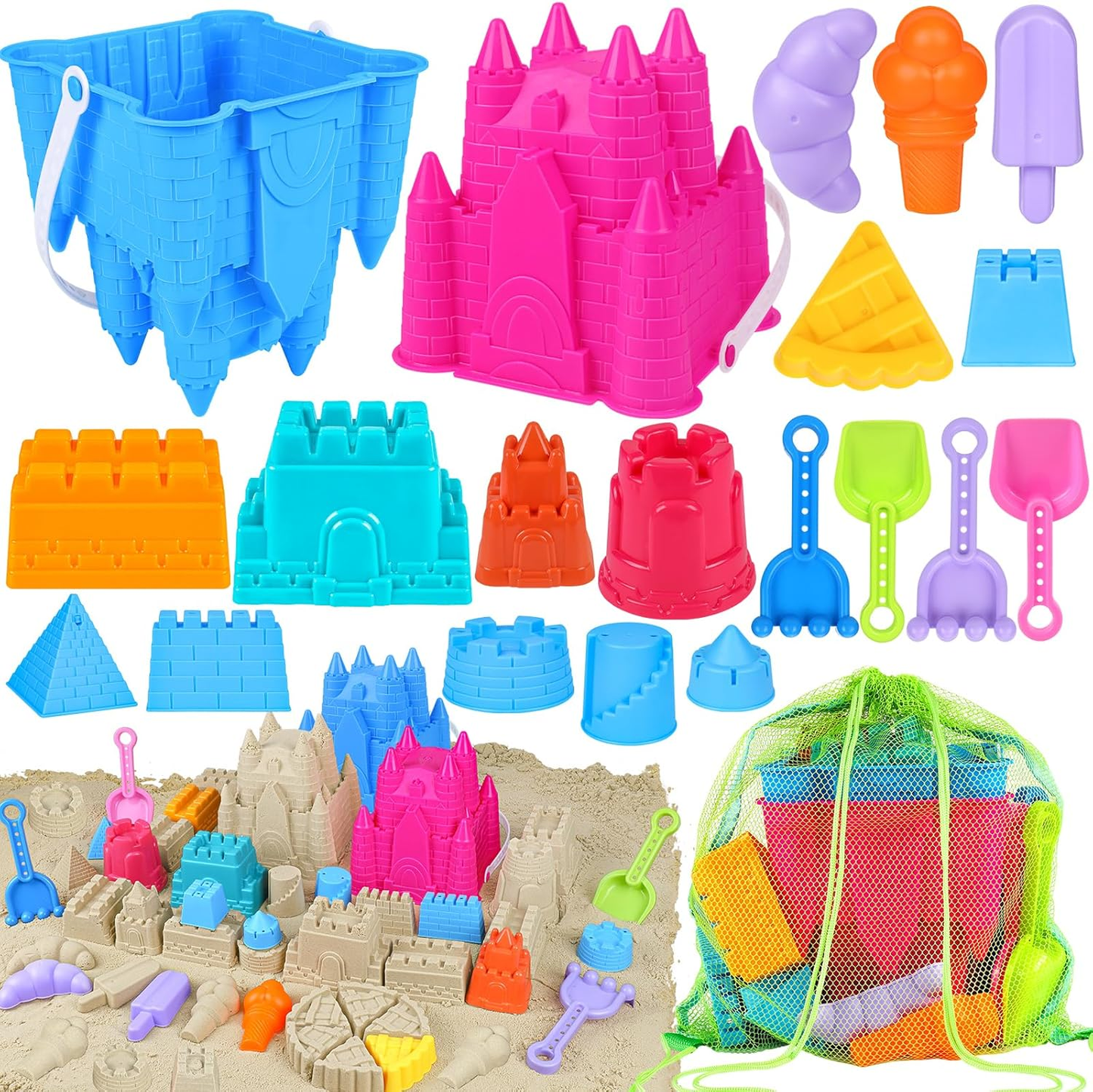 Beach Sand Castle Toys Set – 2 Castle Buckets, Mesh Bag, Molds, Shovels & Rakes for Kids Ages 3–10