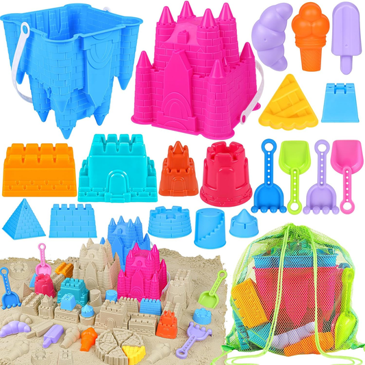 Beach Sand Castle Toys Set – 2 Castle Buckets, Mesh Bag, Molds, Shovels & Rakes for Kids Ages 3–10