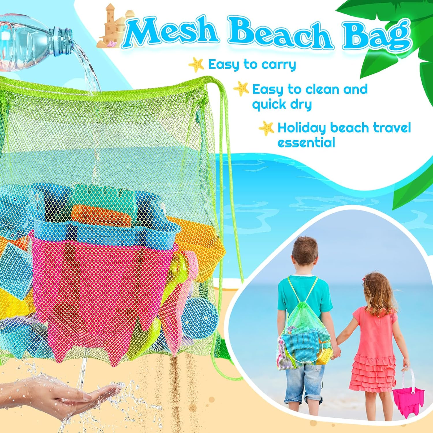 Beach Sand Castle Toys Set – 2 Castle Buckets, Mesh Bag, Molds, Shovels & Rakes for Kids Ages 3–10
