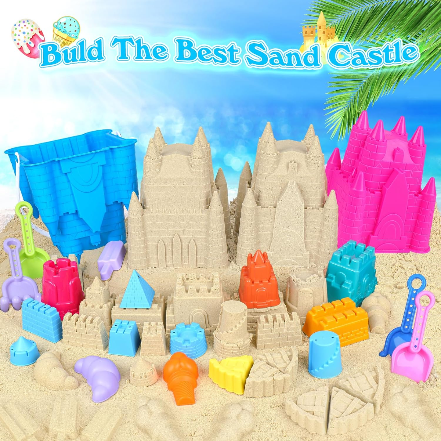 Beach Sand Castle Toys Set – 2 Castle Buckets, Mesh Bag, Molds, Shovels & Rakes for Kids Ages 3–10