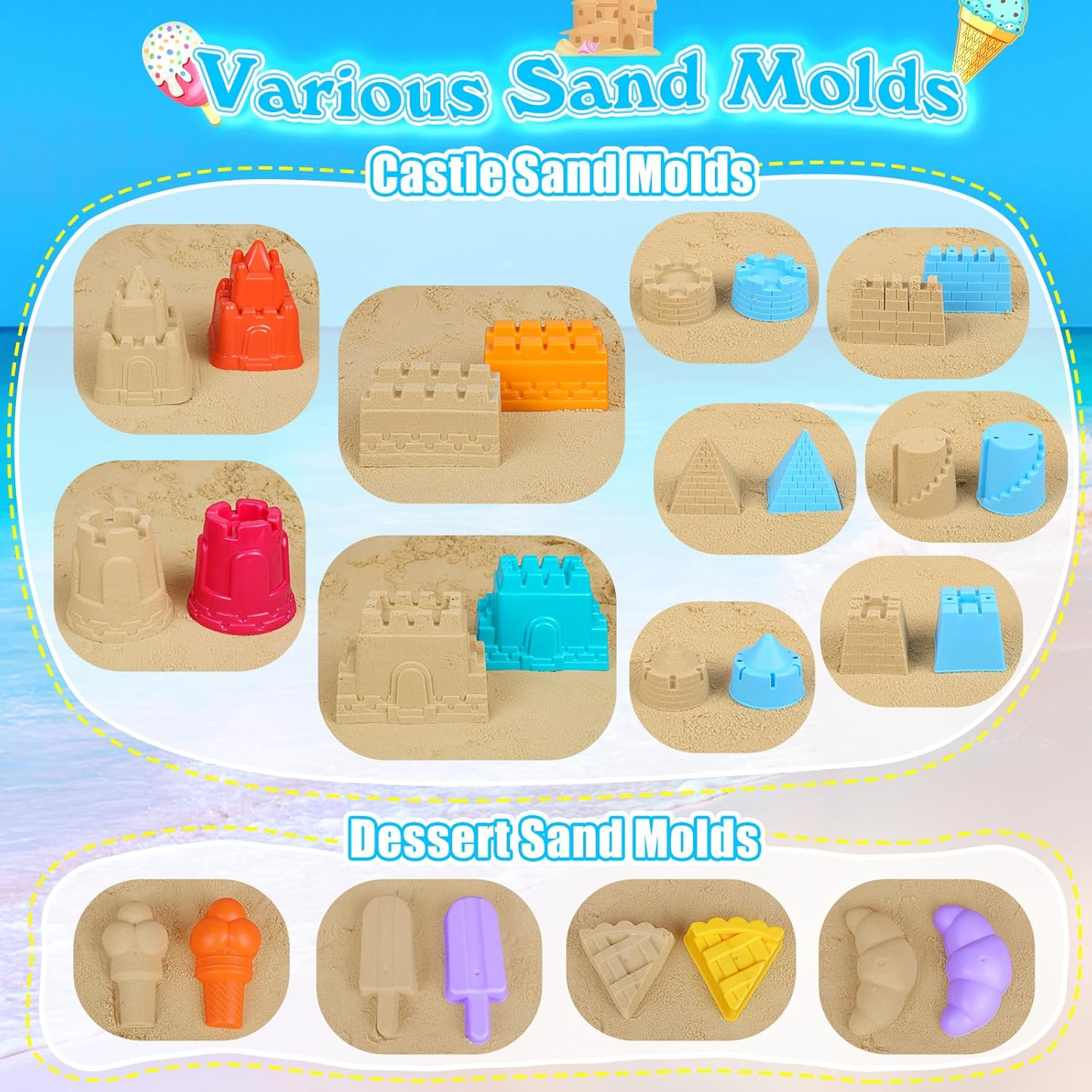 Beach Sand Castle Toys Set – 2 Castle Buckets, Mesh Bag, Molds, Shovels & Rakes for Kids Ages 3–10
