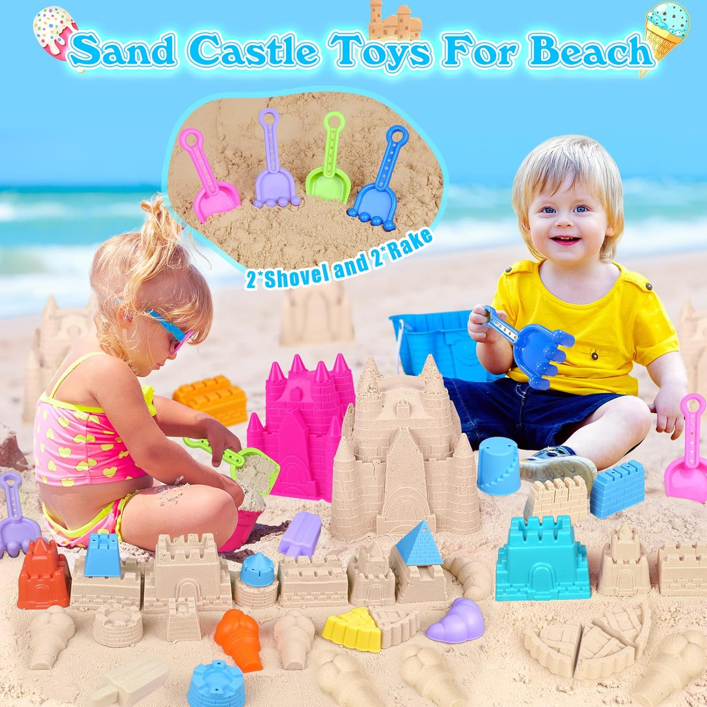 Beach Sand Castle Toys Set – 2 Castle Buckets, Mesh Bag, Molds, Shovels & Rakes for Kids Ages 3–10