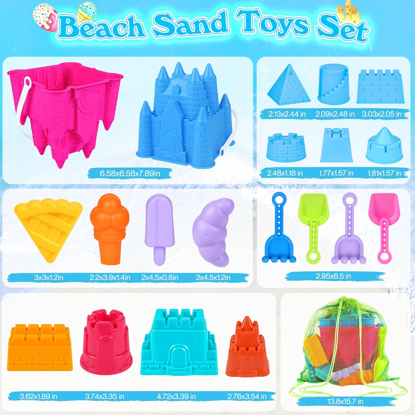 Beach Sand Castle Toys Set – 2 Castle Buckets, Mesh Bag, Molds, Shovels & Rakes for Kids Ages 3–10