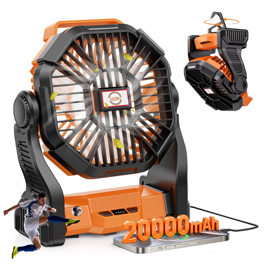 Camping Fan with LED Lantern – 20,000mAh Rechargeable Battery, 270° Rotation, Portable, Orange
