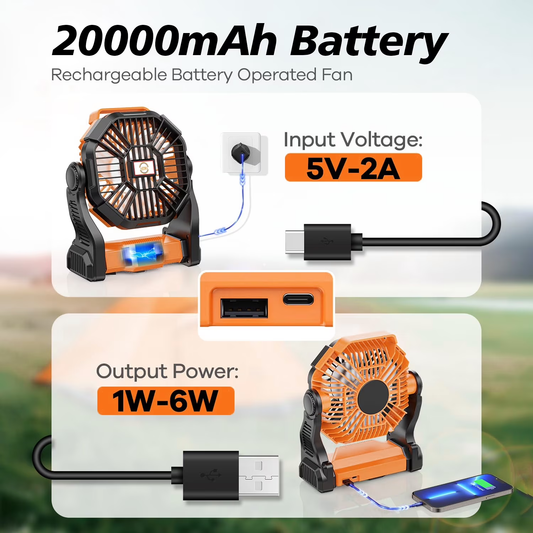 Camping Fan with LED Lantern – 20,000mAh Rechargeable Battery, 270° Rotation, Portable, Orange