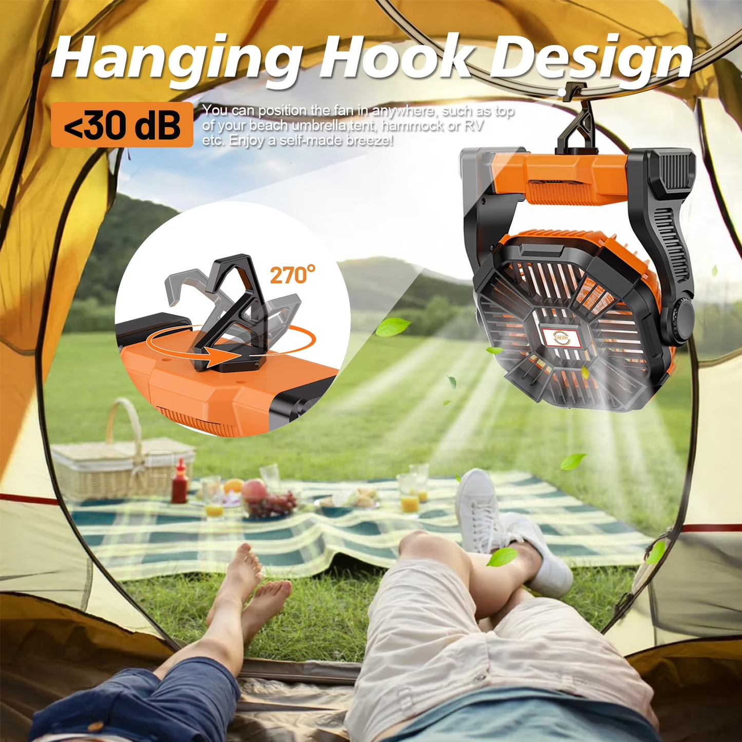 Camping Fan with LED Lantern – 20,000mAh Rechargeable Battery, 270° Rotation, Portable, Orange