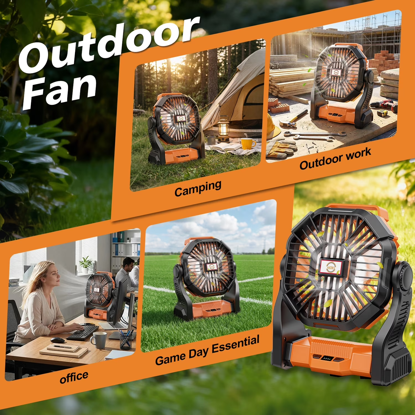 Camping Fan with LED Lantern – 20,000mAh Rechargeable Battery, 270° Rotation, Portable, Orange