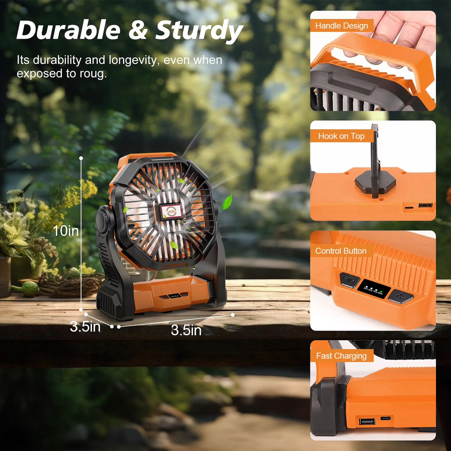 Camping Fan with LED Lantern – 20,000mAh Rechargeable Battery, 270° Rotation, Portable, Orange