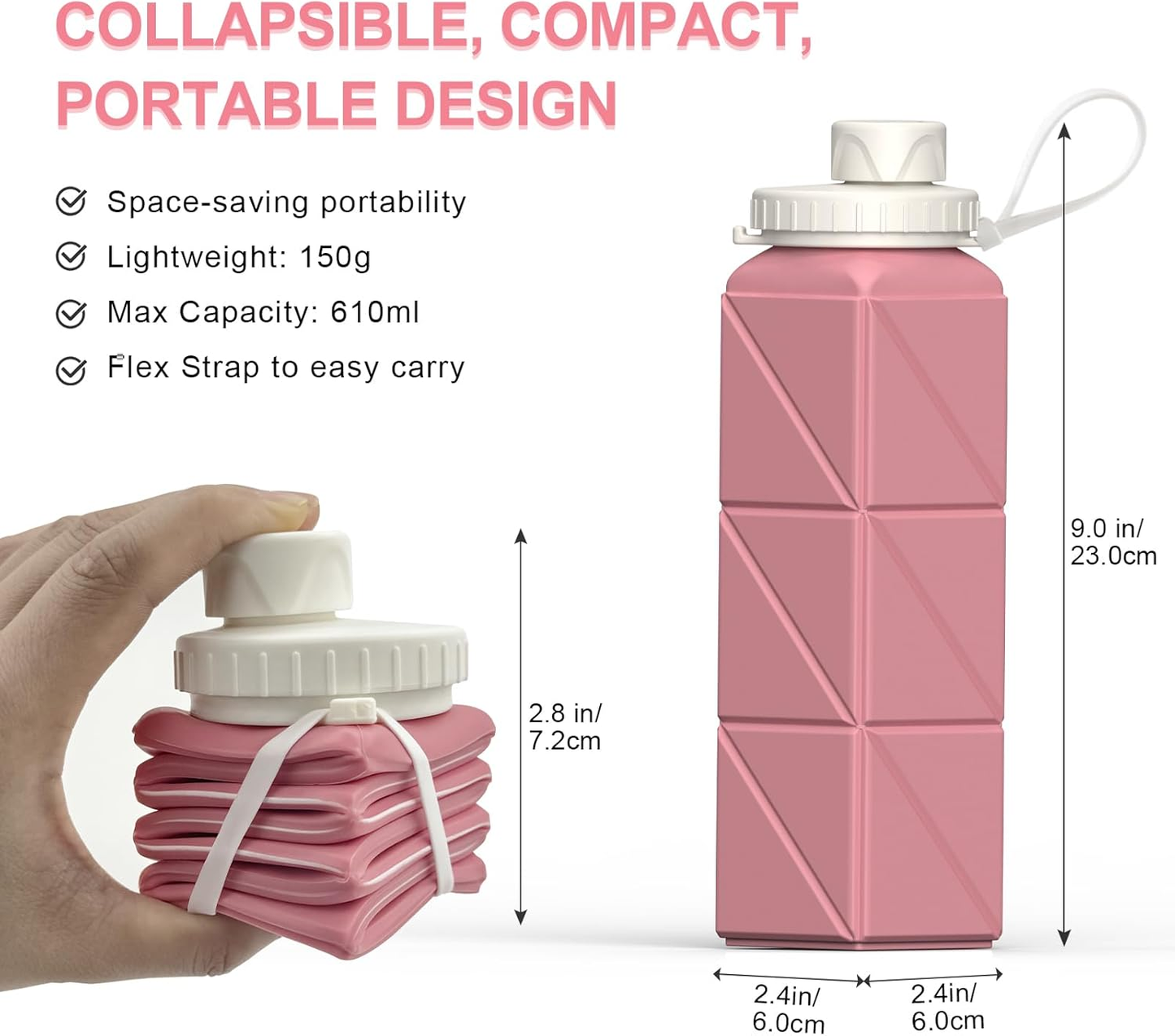 Collapsible Silicone Water Bottle – 20.6 oz, Leakproof, Lightweight, Reusable Travel Bottle