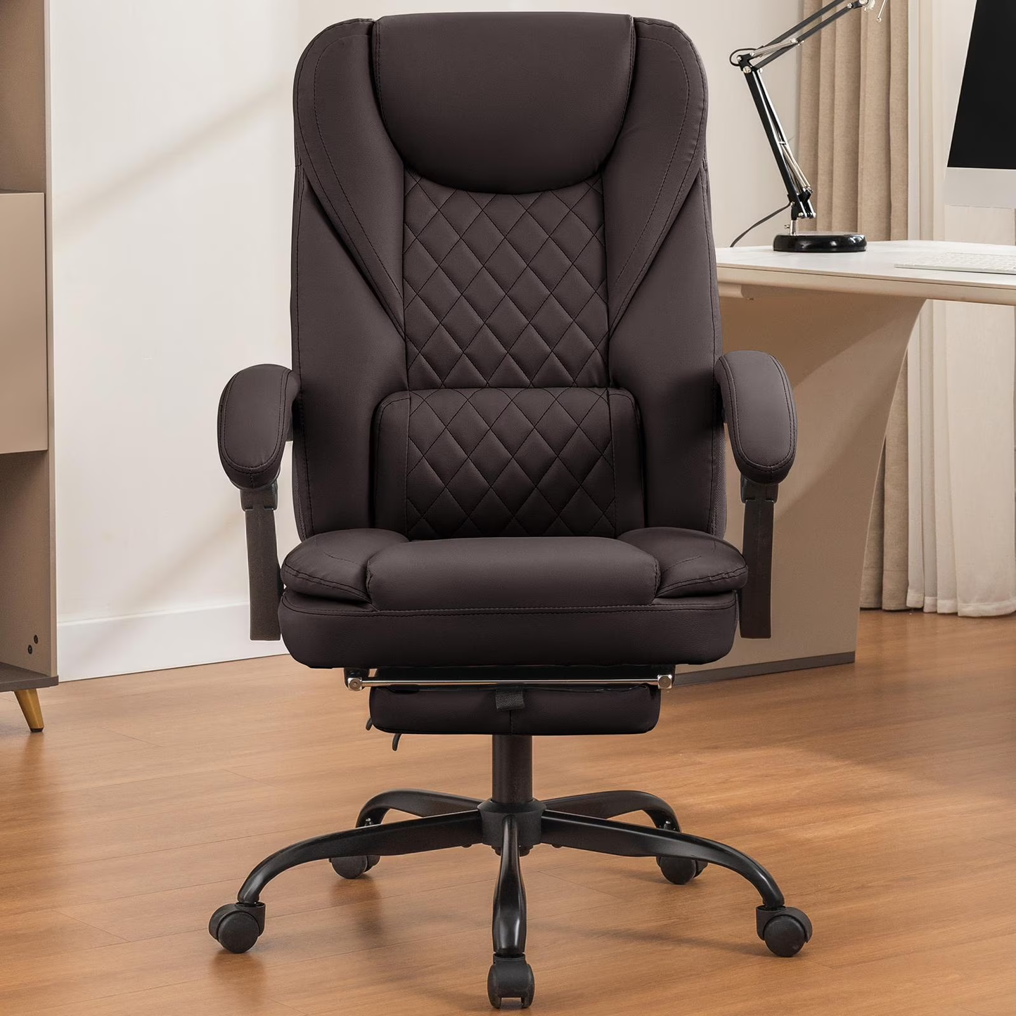 Big and Tall Executive Office Chair with Footrest – Reclining Faux Leather, High Back, Lumbar Support, 400 lbs, Coffee