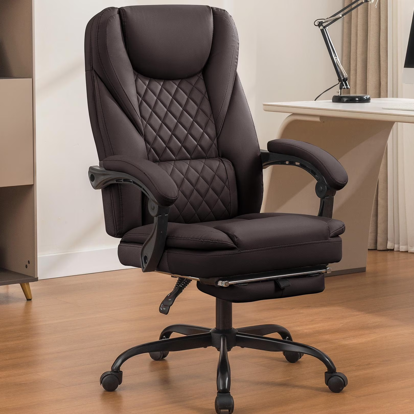 Big and Tall Executive Office Chair with Footrest – Reclining Faux Leather, High Back, Lumbar Support, 400 lbs, Coffee