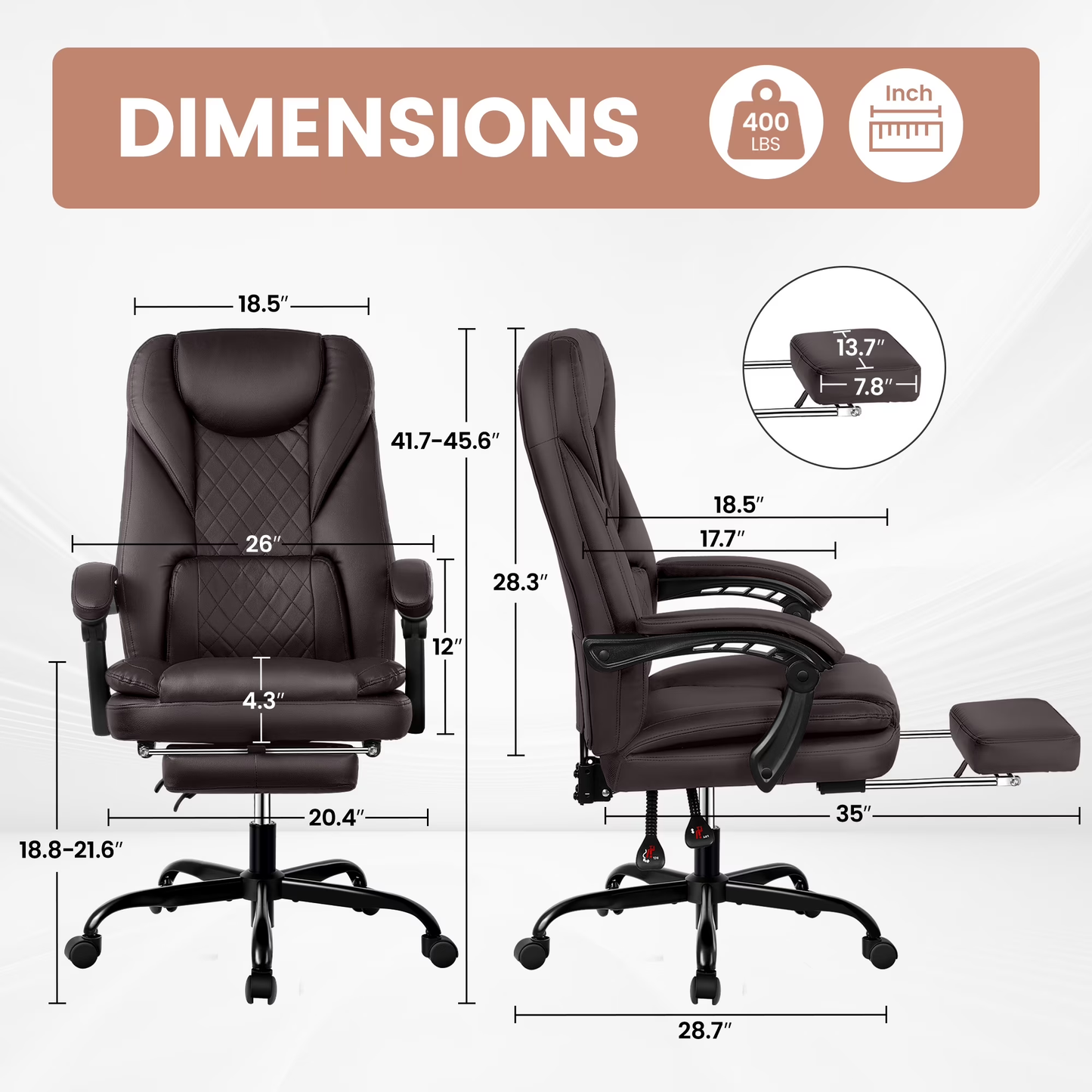 Big and Tall Executive Office Chair with Footrest – Reclining Faux Leather, High Back, Lumbar Support, 400 lbs, Coffee