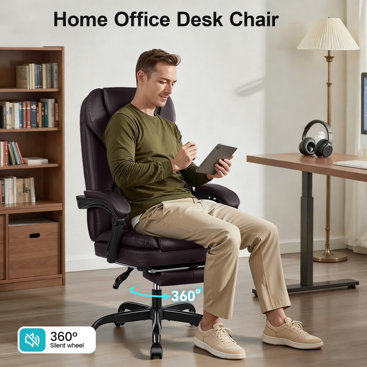 Big and Tall Executive Office Chair with Footrest – Reclining Faux Leather, High Back, Lumbar Support, 400 lbs, Coffee