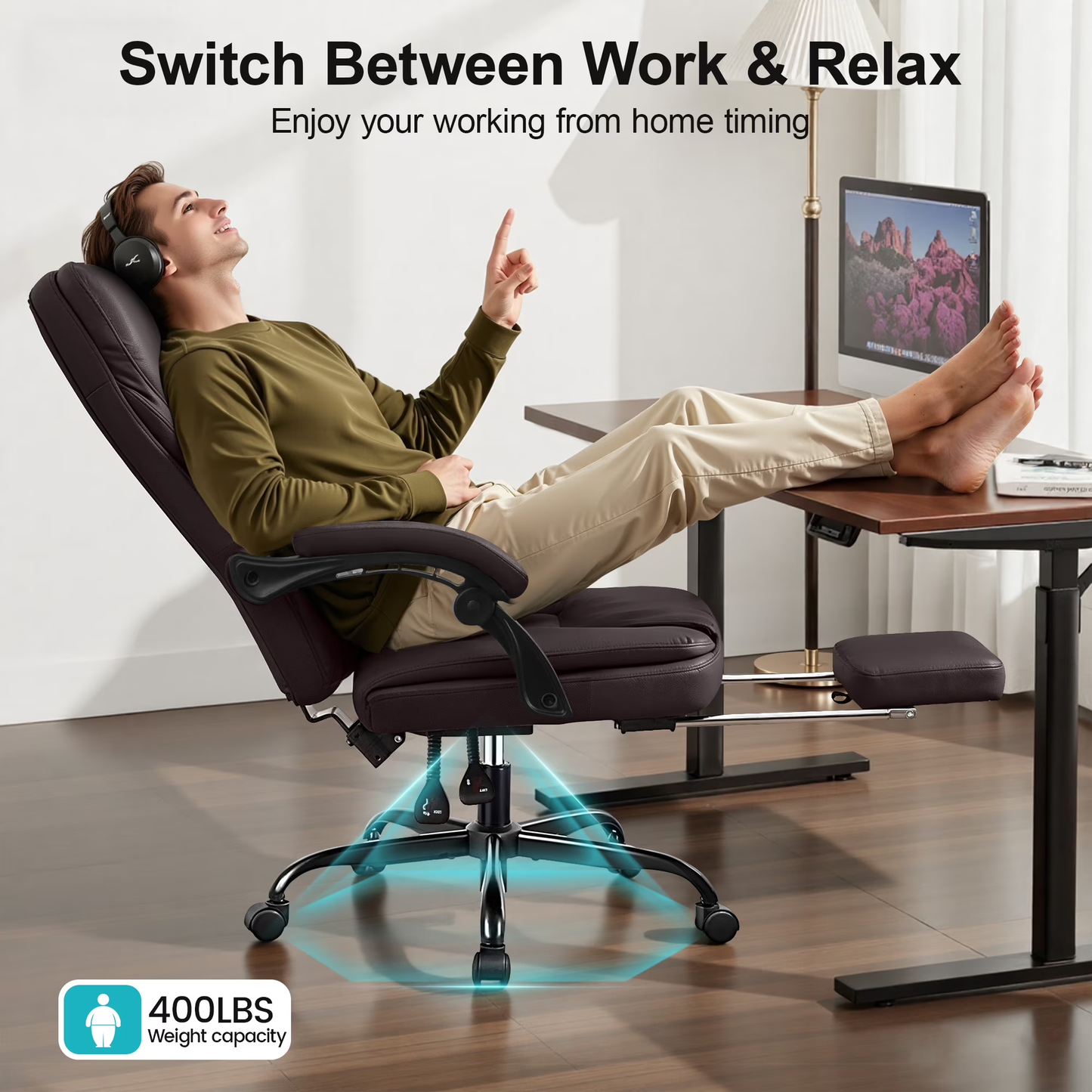 Big and Tall Executive Office Chair with Footrest – Reclining Faux Leather, High Back, Lumbar Support, 400 lbs, Coffee