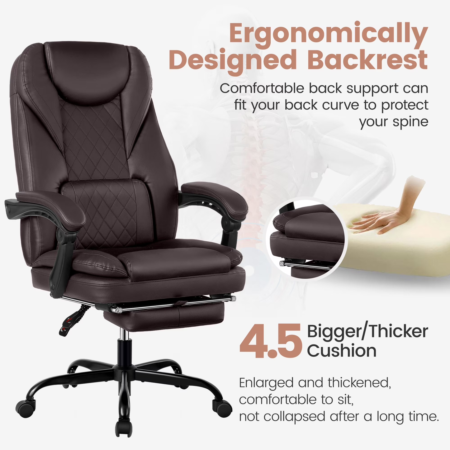 Big and Tall Executive Office Chair with Footrest – Reclining Faux Leather, High Back, Lumbar Support, 400 lbs, Coffee