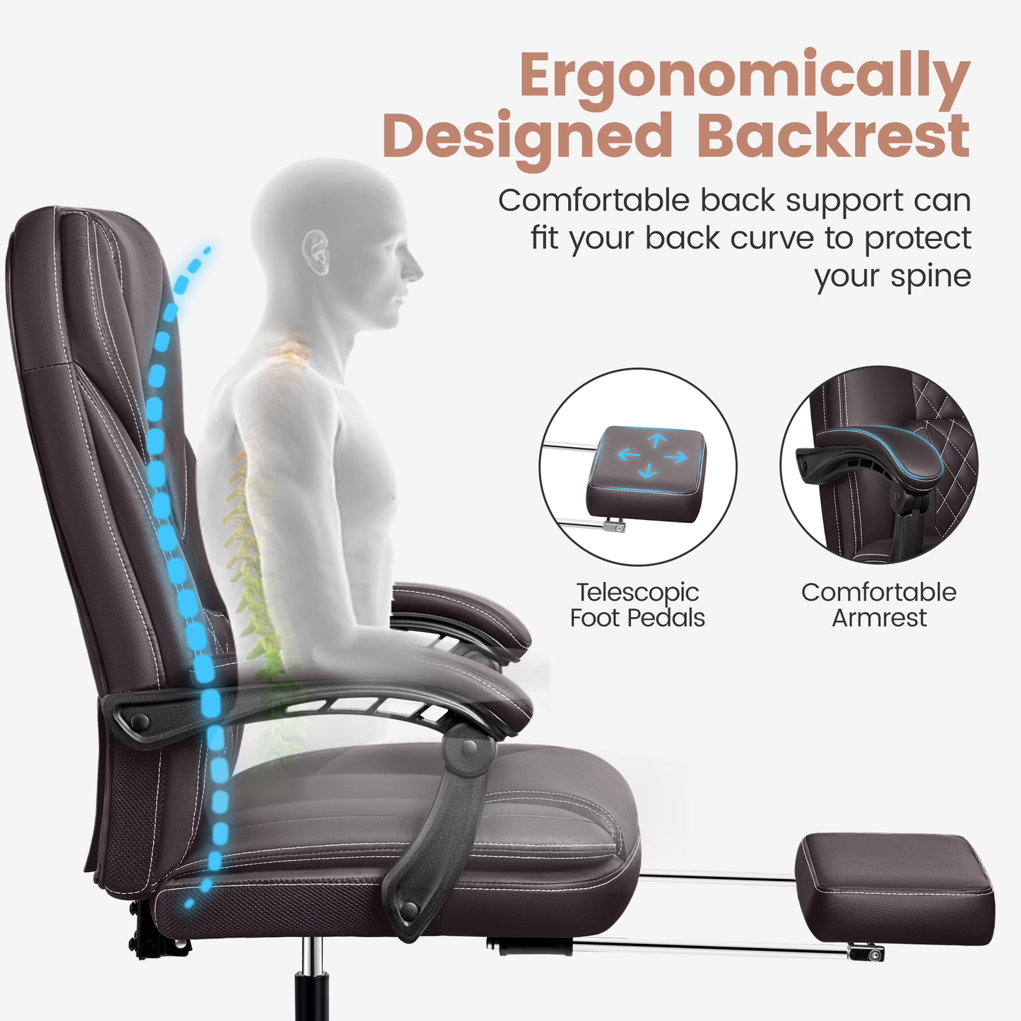 Big and Tall Executive Office Chair with Footrest – Reclining Faux Leather, High Back, Lumbar Support, 400 lbs, Coffee