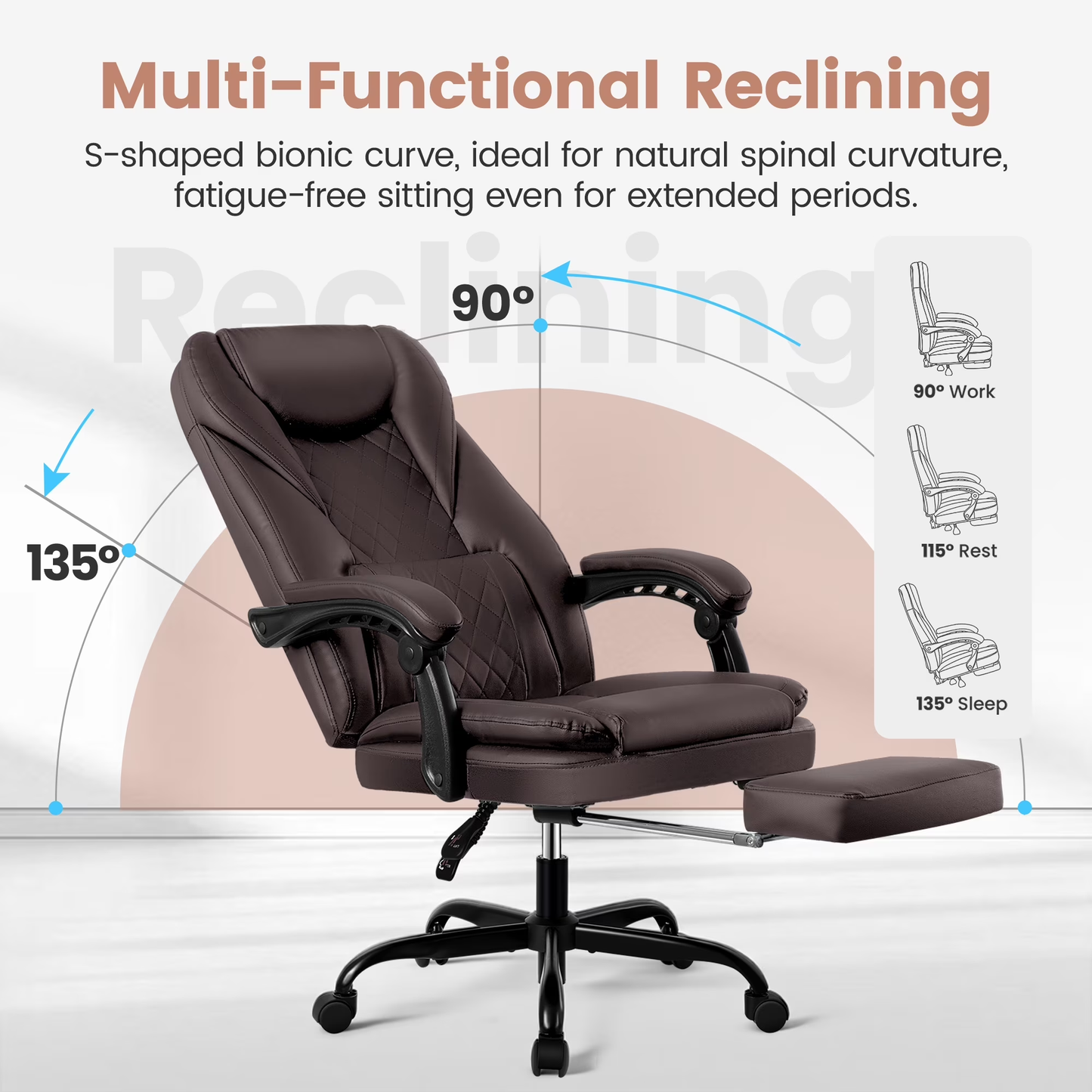 Big and Tall Executive Office Chair with Footrest – Reclining Faux Leather, High Back, Lumbar Support, 400 lbs, Coffee