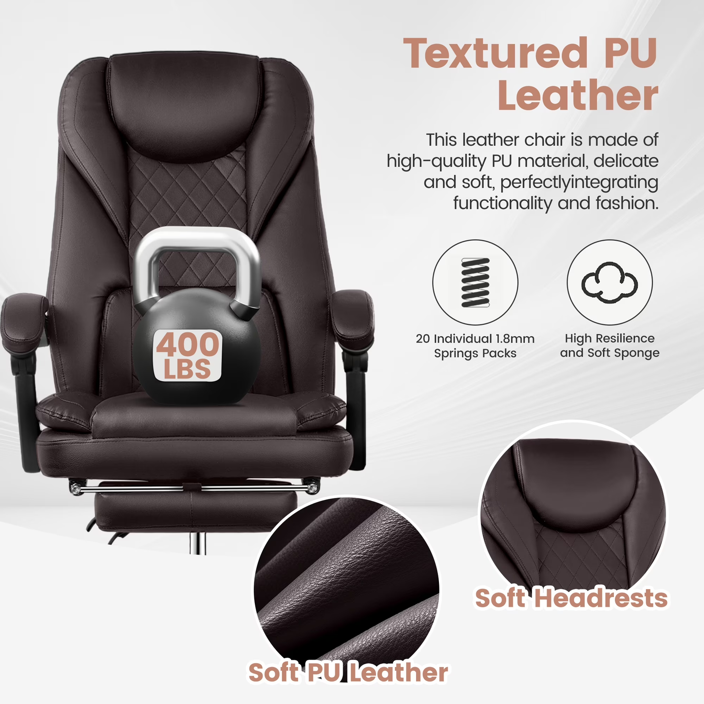 Big and Tall Executive Office Chair with Footrest – Reclining Faux Leather, High Back, Lumbar Support, 400 lbs, Coffee