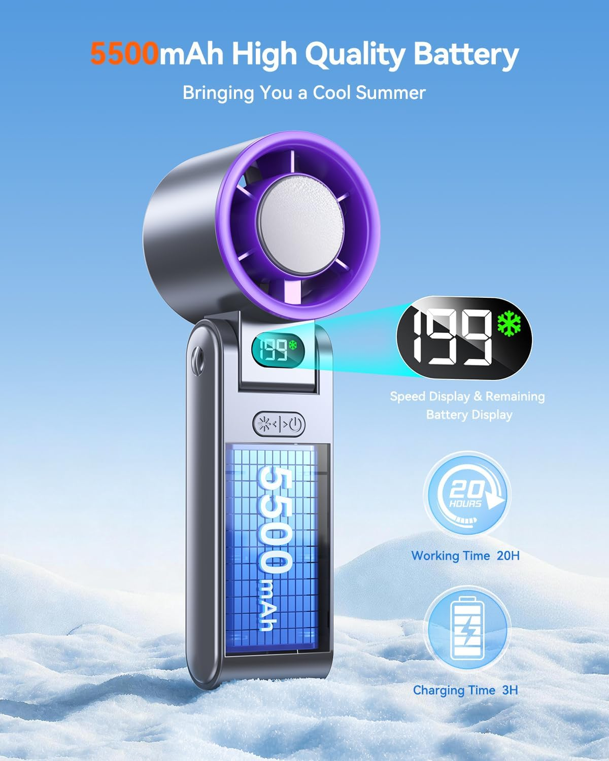 Portable Handheld Fan with Ice Cooler – 199 Speeds, 5500mAh, 20H Runtime, Grey Purple