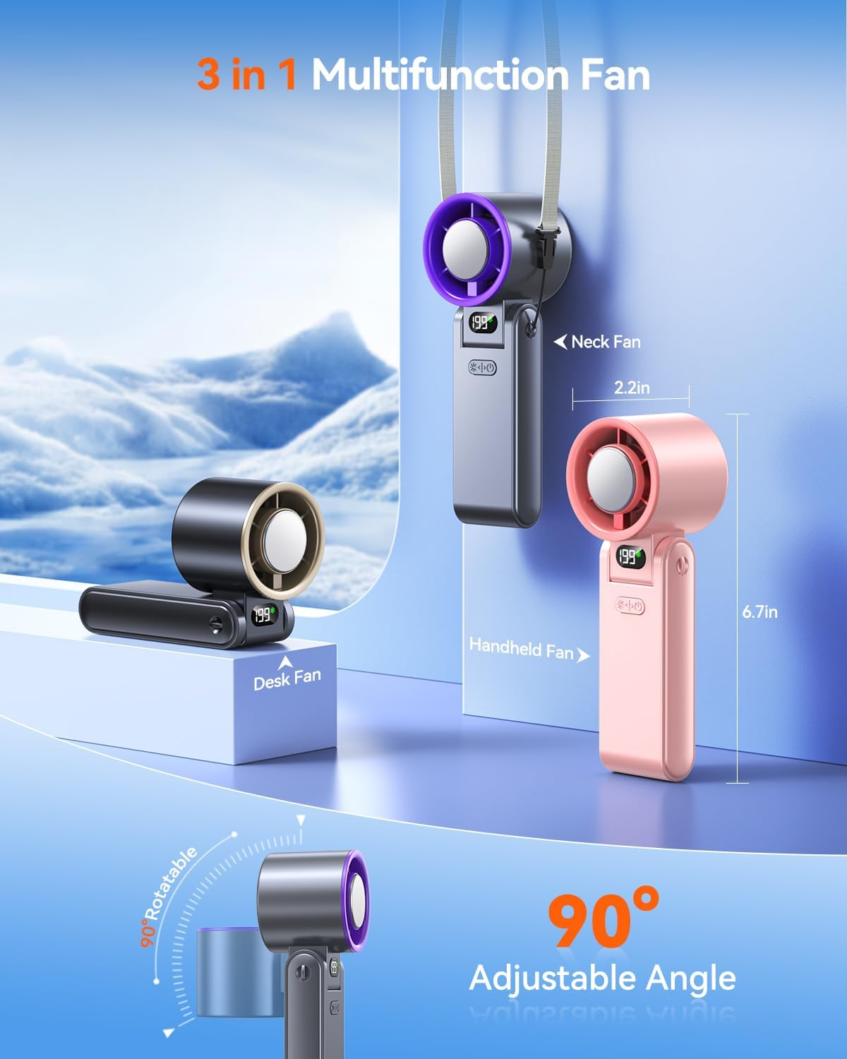 Portable Handheld Fan with Ice Cooler – 199 Speeds, 5500mAh, 20H Runtime, Grey Purple