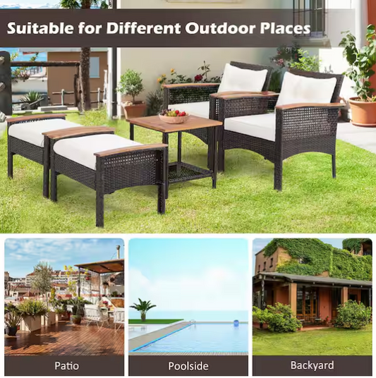 5 Piece Patio Furniture Set PE Rattan with Steel Frame Acacia Wood Table Cushioned Seating Outdoor Off White