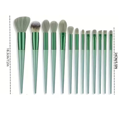 Green Makeup Brush Set, 13 Brushes and 2 Puffs with Storage Bag