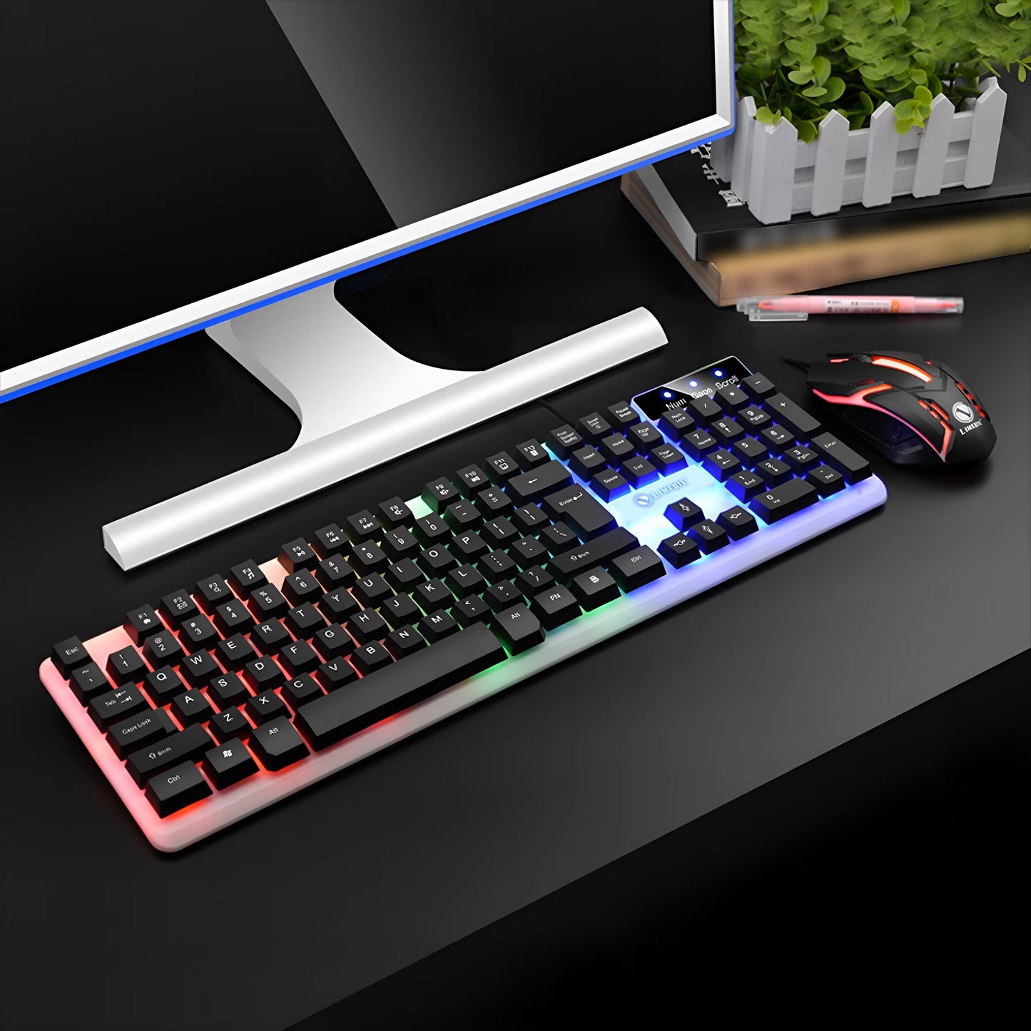 Gaming Keyboard and Mouse Combo,Luminous Wireless Mechanical Feel Keyboard with Suspended Keys,104-Key Backlit Adjustable Keyboard and Ergonomic Mouse for Pc Gaming Computer Setup