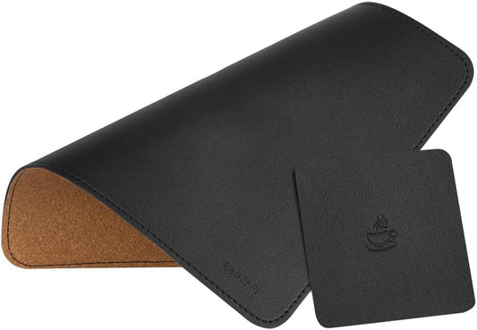 Double-Sided PU Leather & Cork Mouse Pad with Coaster – Reversible, Non-Slip, Stitched Edges for Office & Home, 8X11 Inches,(Black)