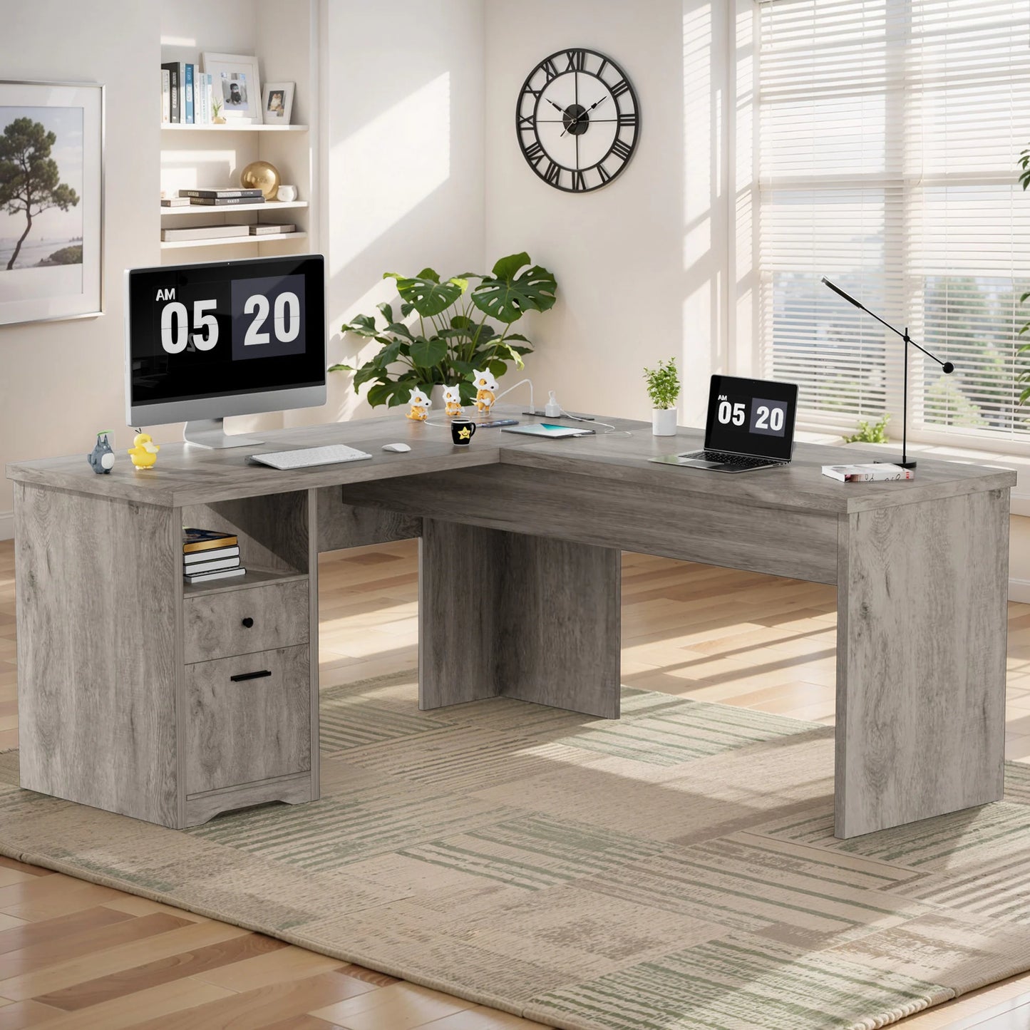 Lift Top L-Shaped Desk with Charge Station, Corner Standing Desk with File Drawers for Home Office