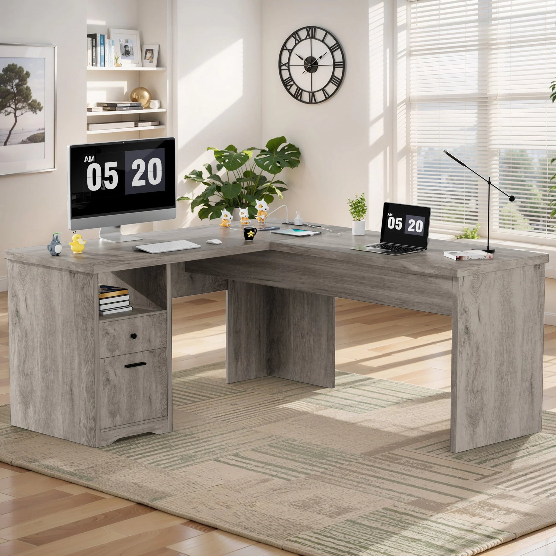Lift Top L-Shaped Desk with Charge Station, Corner Standing Desk with File Drawers for Home Office