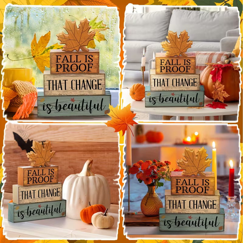 Fall centerpiece word blocks styled in four autumn home settings with pumpkins and leaves