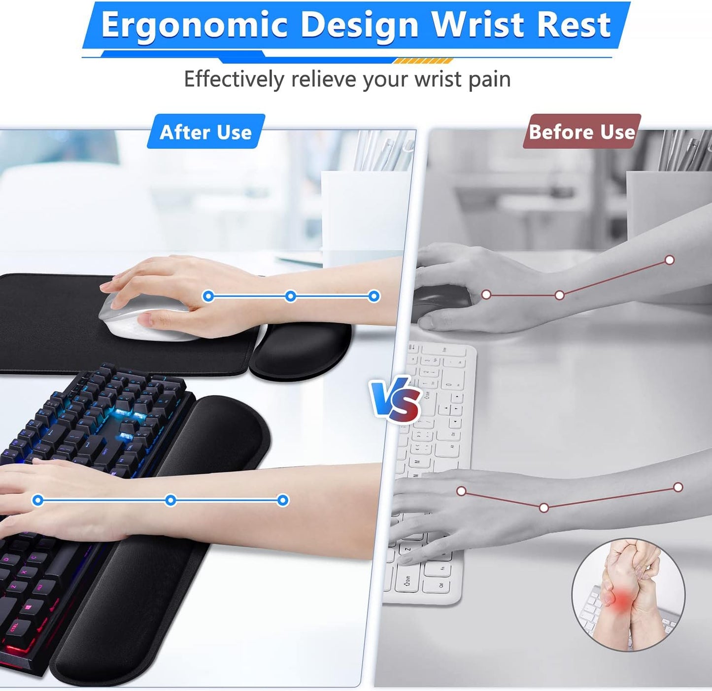 3Pcs Memory Foam Keyboard Wrist Rest, Mouse Pad Wrist Support for Easy Typing Pain Relief, Ergonomic, Comfortable Keyboard Mouse Pad Set for Computer, Laptop, Home & Office