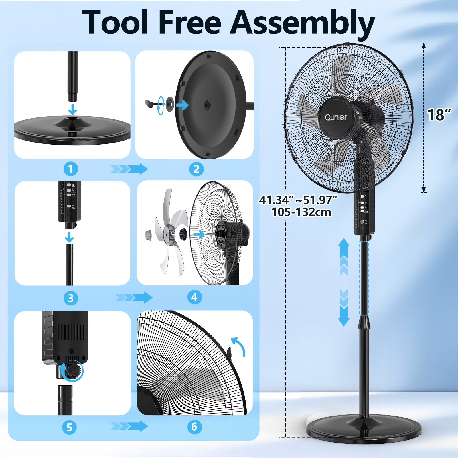 18" Oscillating Pedestal Fan with Remote and Timer, Adjustable High-Velocity Quiet Electric Standing up Fan for Home and Bedroom, Black