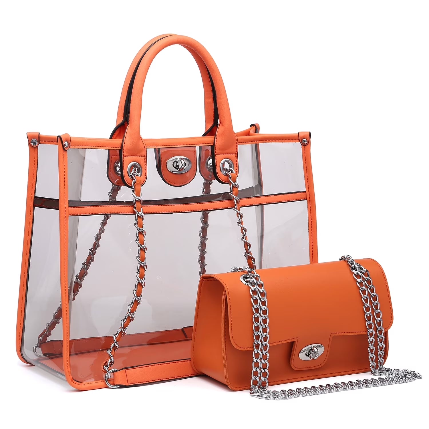 Women Large Clear Tote PVC Purse with Small Crossbody Bag 2-Piece Set - Transparent Stadium Approved Shoulder Handbag