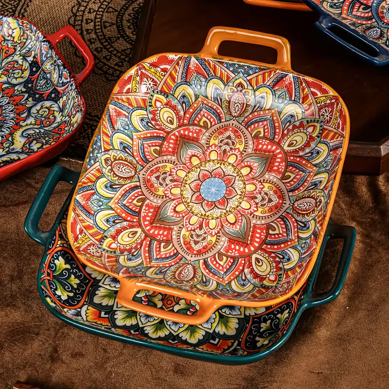 Set of 2 Square Ceramic Trays with Double Handles, Bohemian Floral