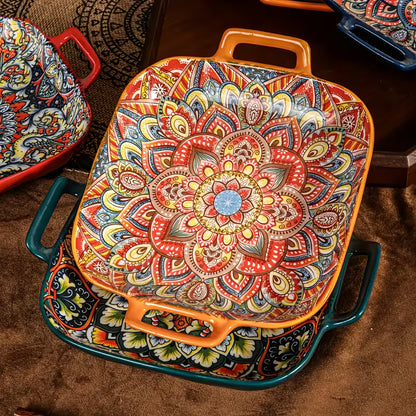 Set of 2 Square Ceramic Trays with Double Handles, Bohemian Floral