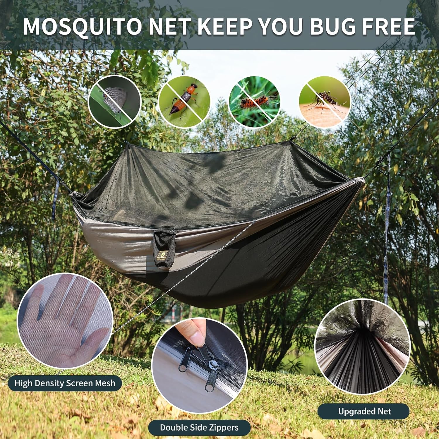 Camping Hammock with Mosquito Net, Portable Lightweight Parachute Nylon, Tree Straps, D-Shape Carabiners, 114 x 57 Inch