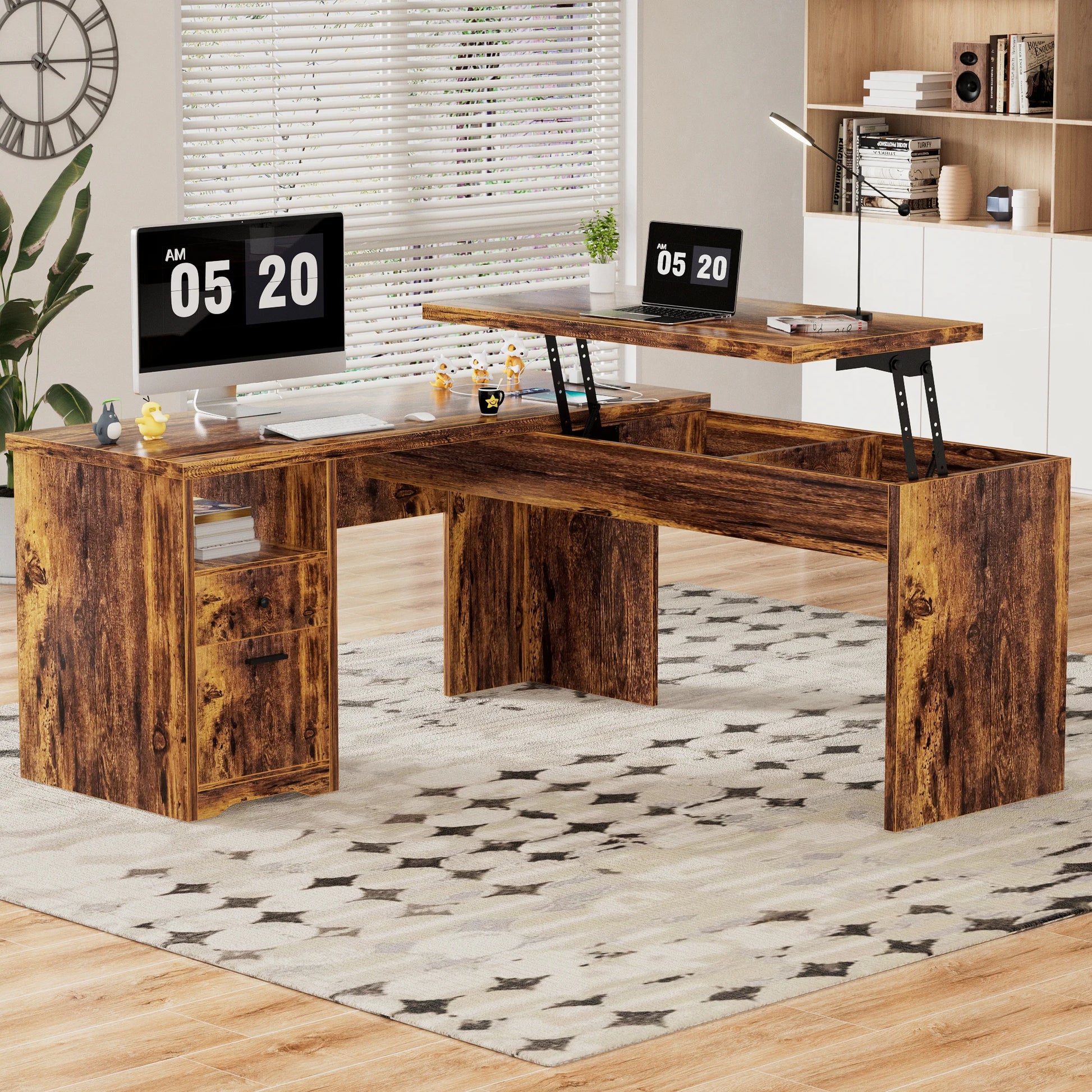 Lift Top L-Shaped Desk with Charge Station, Corner Standing Desk with File Drawers for Home Office