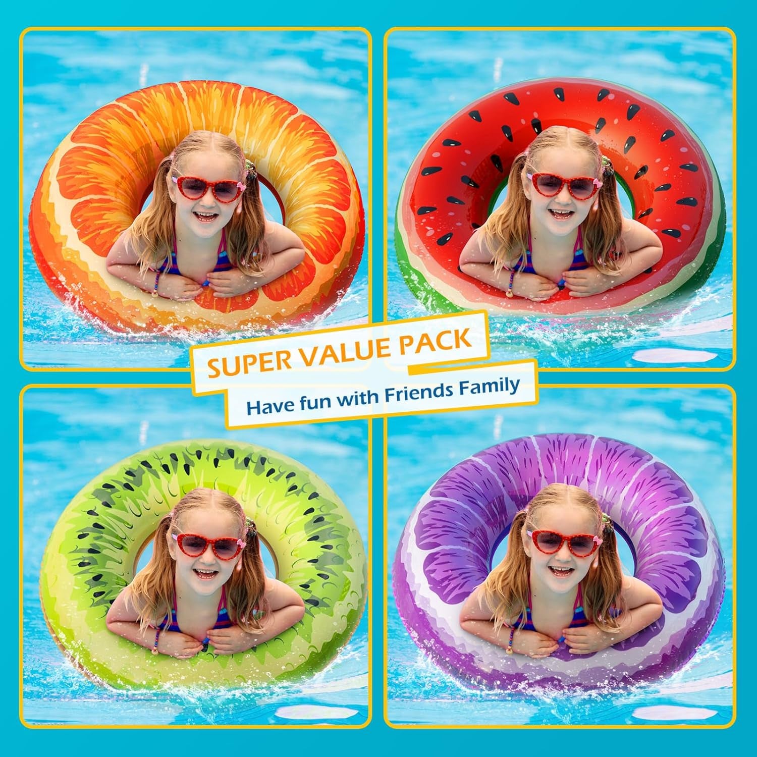 Inflatable Pool Floats Kids - 3 Pack Floaties Pool Tubes Swim Rings Fruit Water Floaty Watermelon Kiwi Orange Inflatable Pool Toys Float for Swimming Pool Party Lake Beach Kids Adults