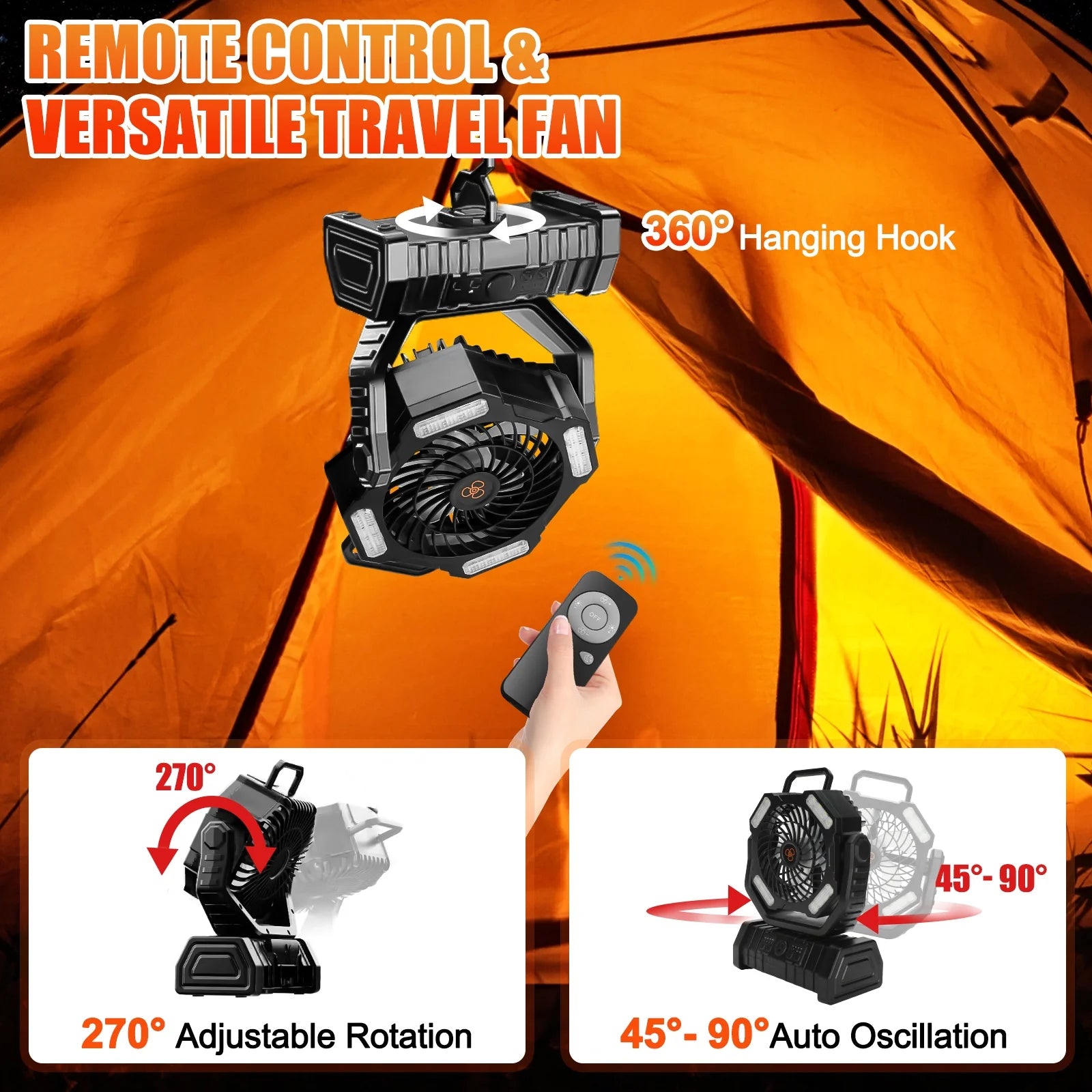 Camping Fan with LED Lantern, 20000mAh Rechargeable Battery, 270° Adjustable Rotation, 4-Speed Portable Tent Fan, Black