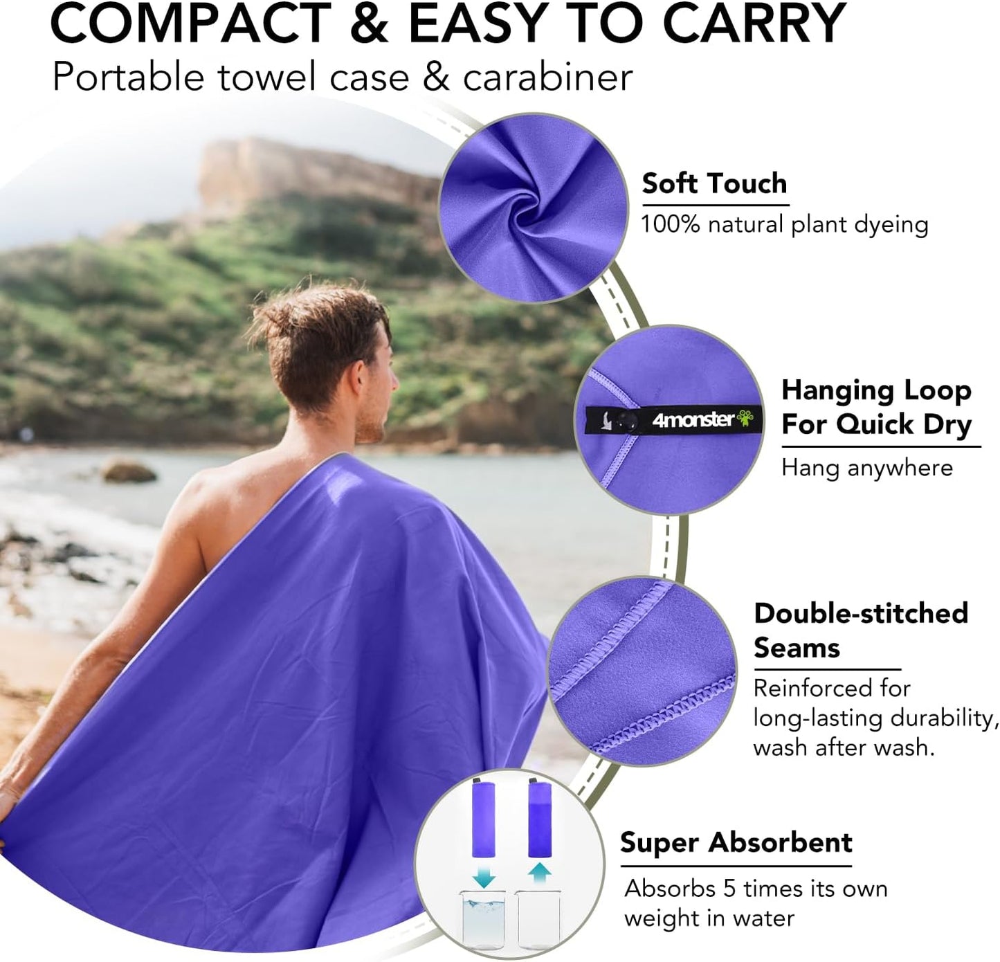 Microfiber Quick Dry Travel Towel with EVA Case and Carabiner Lightweight Absorbent Gym Camping Beach Use