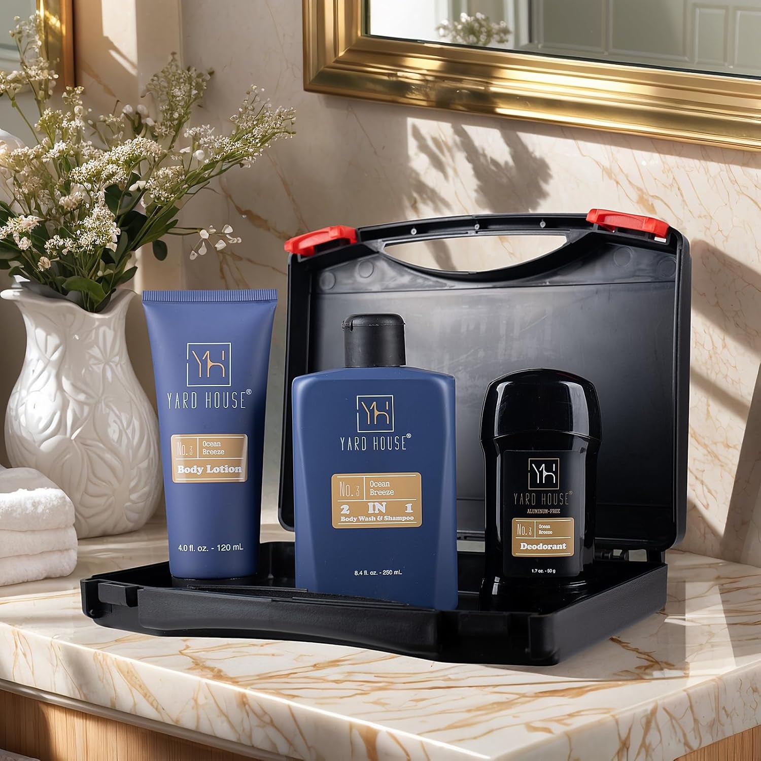Mens Bath Body Shower Gift Basket Set - Ocean Breeze | 4Pcs Grooming Kit Wt Body Wash, Lotion, Deodorant in Travel Toolbox Case – Fathers Day Gifts for Him, Christmas Birthdays Gift Ideas