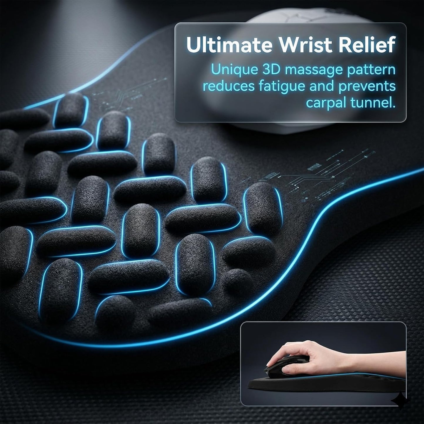 -Ergonomic Mouse Pad Wrist Support with Massage Design, Relieve Wrist Pain Mousepad, Wrist Rest Pain Relief Mousepad with Memory Foam&Non-Slip PU Base, Carpal Tunnel Syndrome (Black)