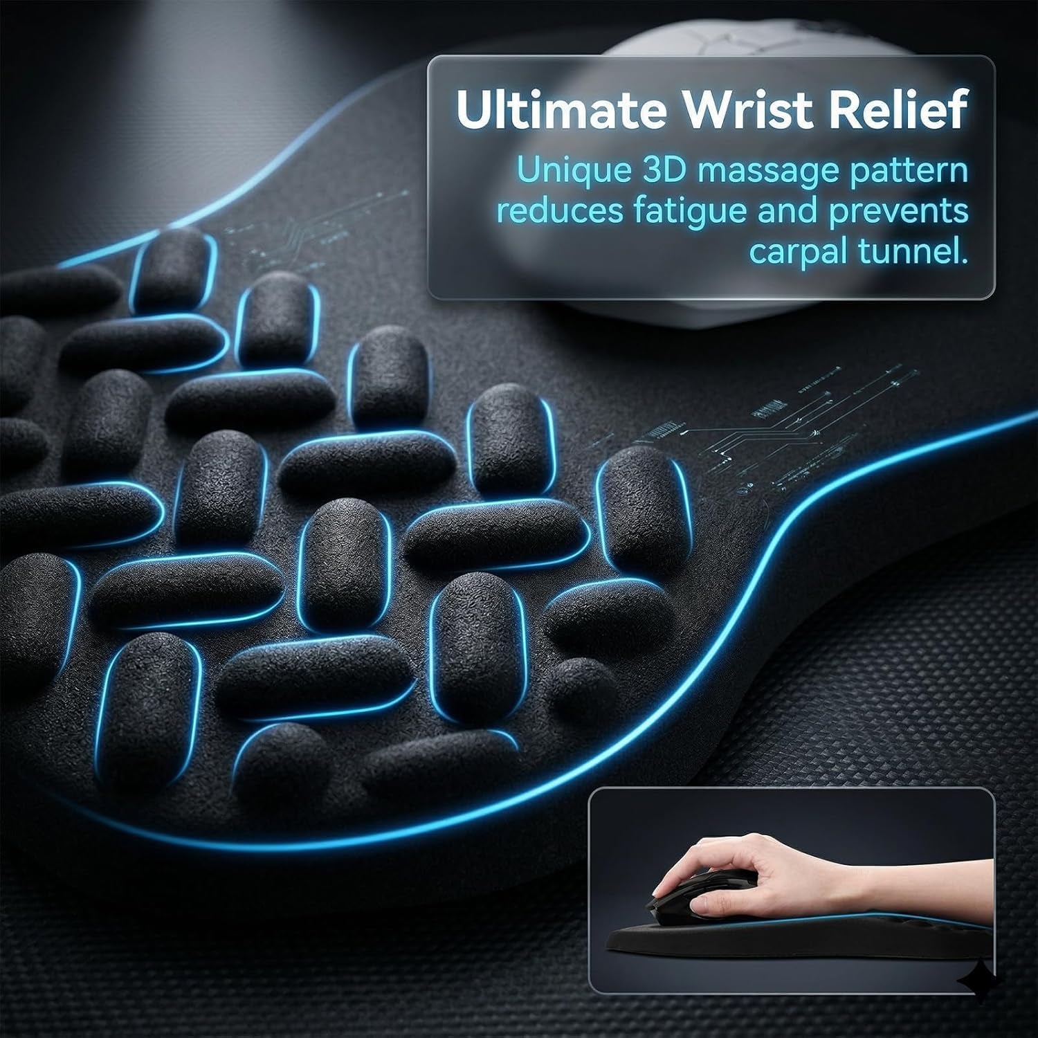 -Ergonomic Mouse Pad Wrist Support with Massage Design, Relieve Wrist Pain Mousepad, Wrist Rest Pain Relief Mousepad with Memory Foam&Non-Slip PU Base, Carpal Tunnel Syndrome (Black)