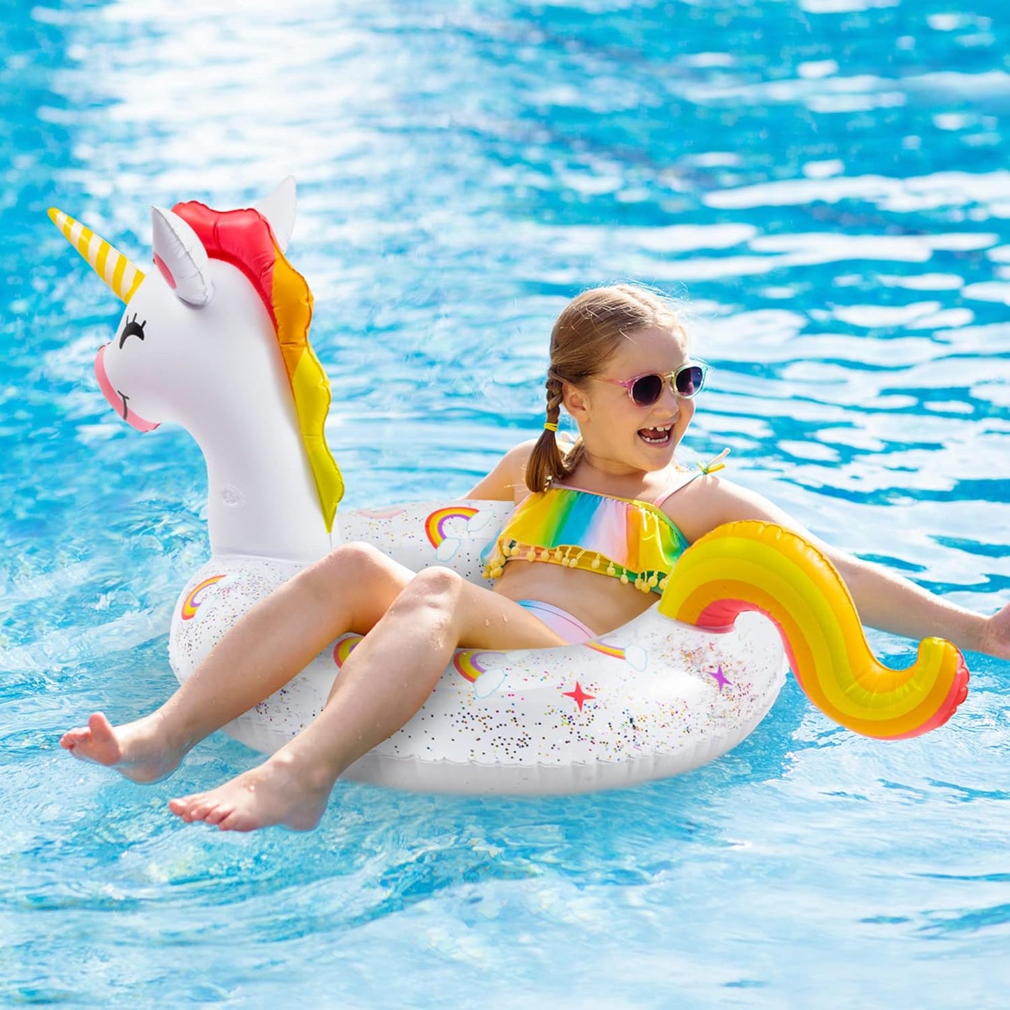 Unicorn Inflatable Pool Float with Glitters Inflation Swimming Ring Outdoor Water Inflatable Lounge Raft Tube Summer Fun Beach Floaties Vinyl Swim Floaty Pool Toy for Kids Adults White