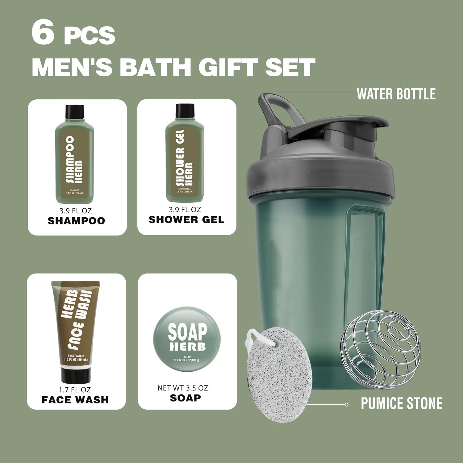 Fathers Day Gift 6 PCS Gifts for Men Fresh Herbal Scent Body Wash Sets, Mens Gift with Sport Water Bottle, Shower Gel, Face Wash, Birthday Christmas Gifts for Him