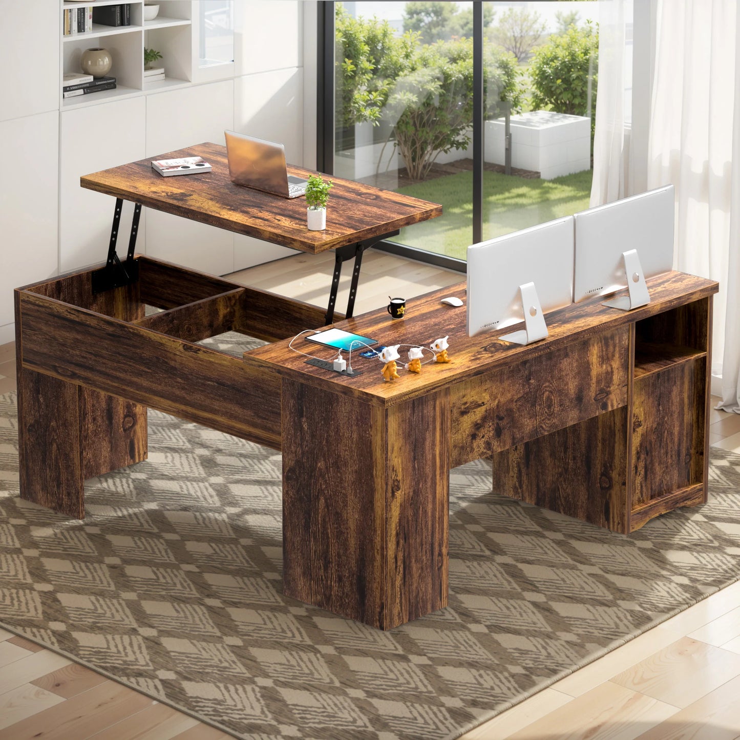 Lift Top L-Shaped Desk with Charge Station, Corner Standing Desk with File Drawers for Home Office