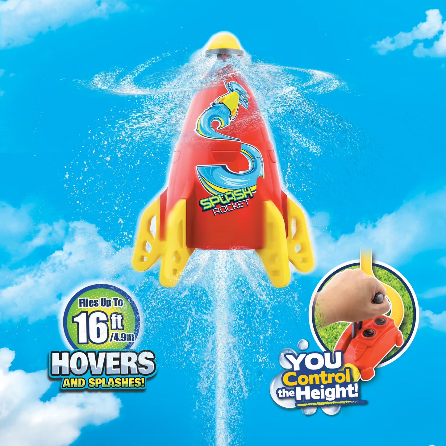 : Water-Powered Splash Rocket Sprinkler - Hovers & Sprays Water, Controllable Launcher, Flies up to 16 Ft, Hose Attaching, Outdoor Toy, Kids 5+